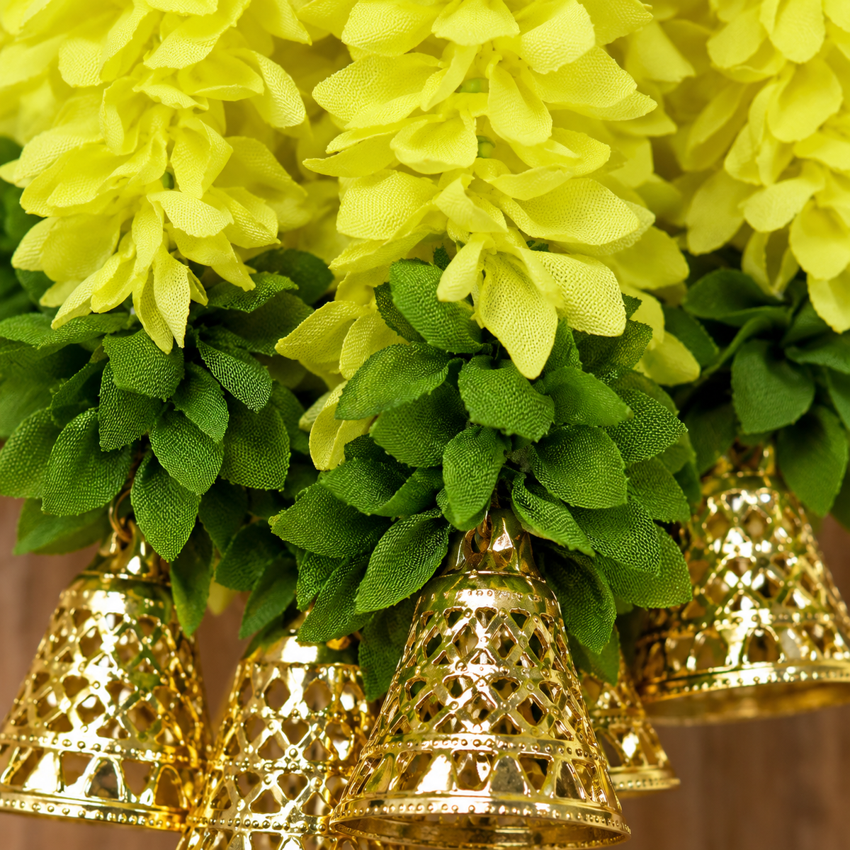 Artificial Lemon Yellow Floral Hanging Jhumar with Golden Bells for Wedding & Festive Decoration – 36 cm | Pack of 10