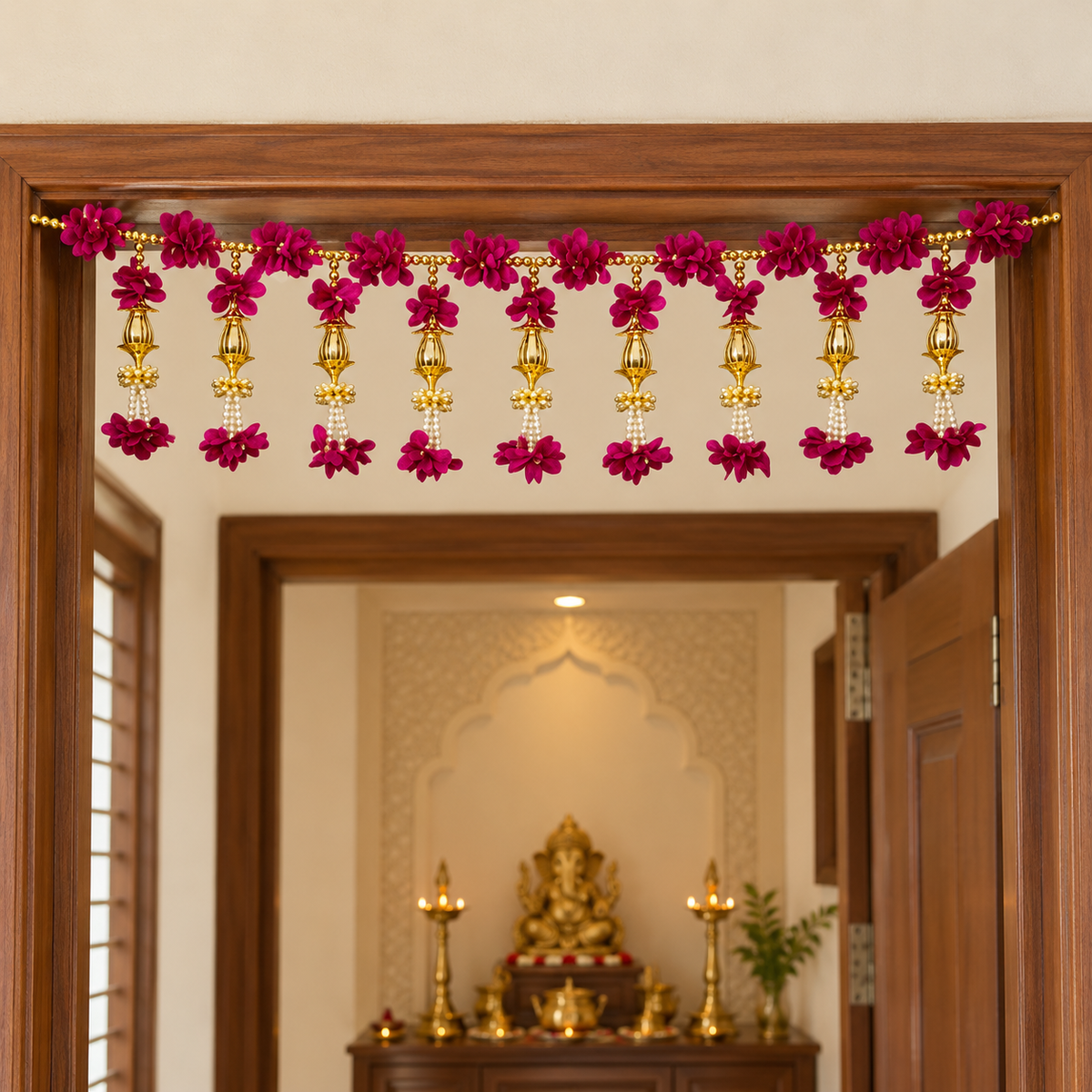 Artificial Magenta Floral Door Toran with Golden Ornaments & Pearl Beads for Wedding & Festive Decoration – 103 cm | Pack of 1