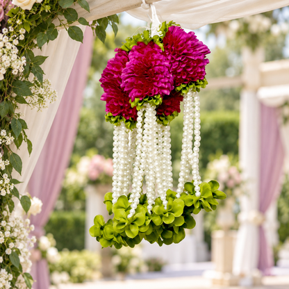 Artificial Magenta Flower & Pearl Bead Hanging Jhumar for Wedding & Festive Decoration – 27 cm | Pack of 10