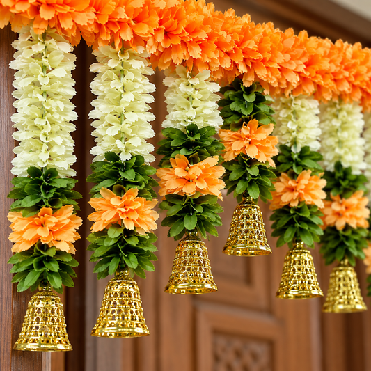 Artificial Orange & Ivory Floral Door Toran with Golden Bells for Wedding & Festive Decoration – 105 cm | Pack of 1