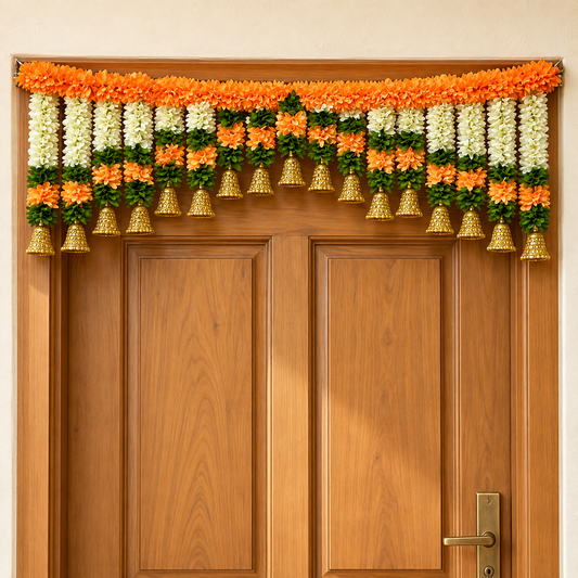 Artificial Orange & Ivory Floral Door Toran with Golden Bells for Wedding & Festive Decoration – 105 cm | Pack of 1
