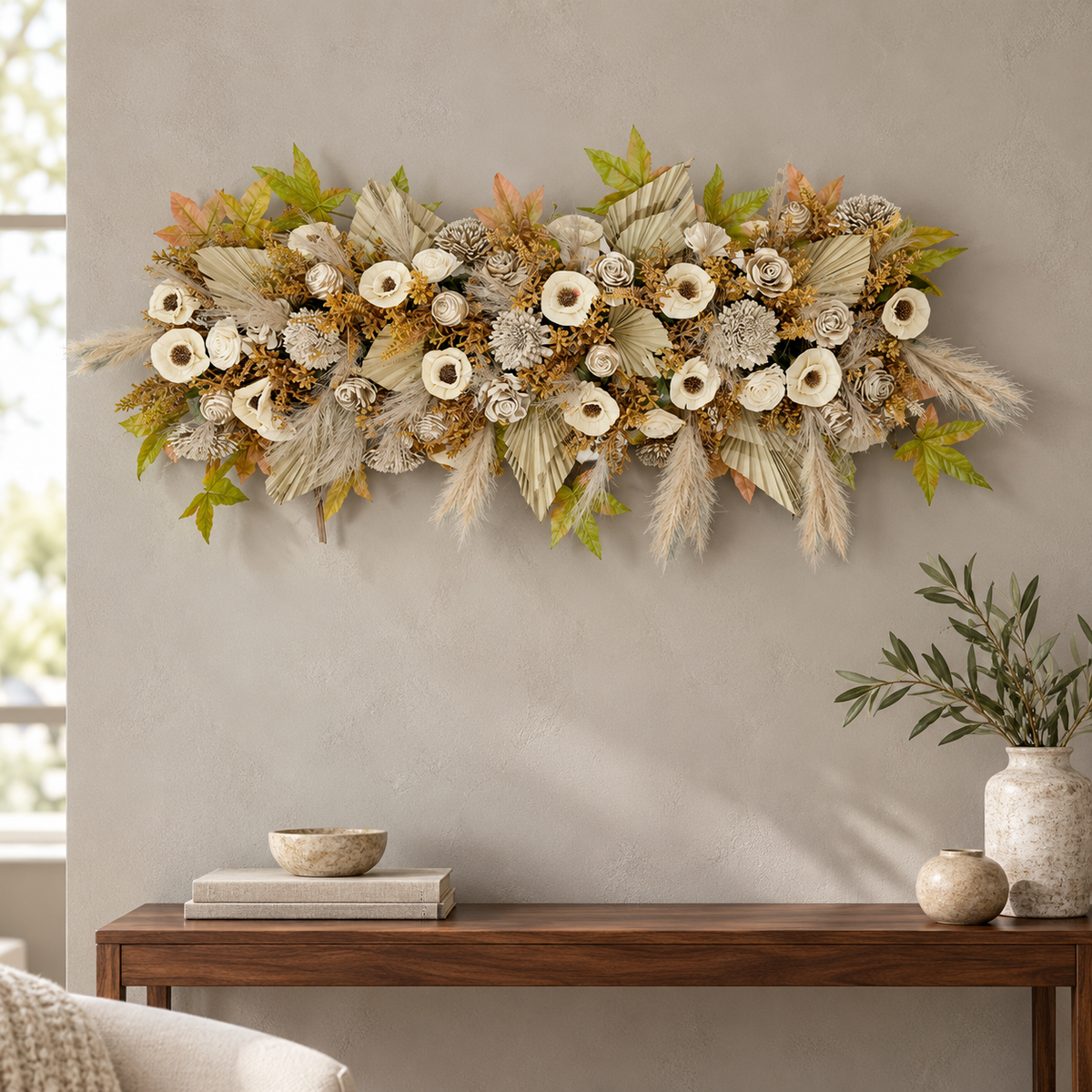 Artificial Ivory & Beige Floral Channel Panel with Decorative Palm Leaves for Wedding & Event Décor – 90 × 47 cm