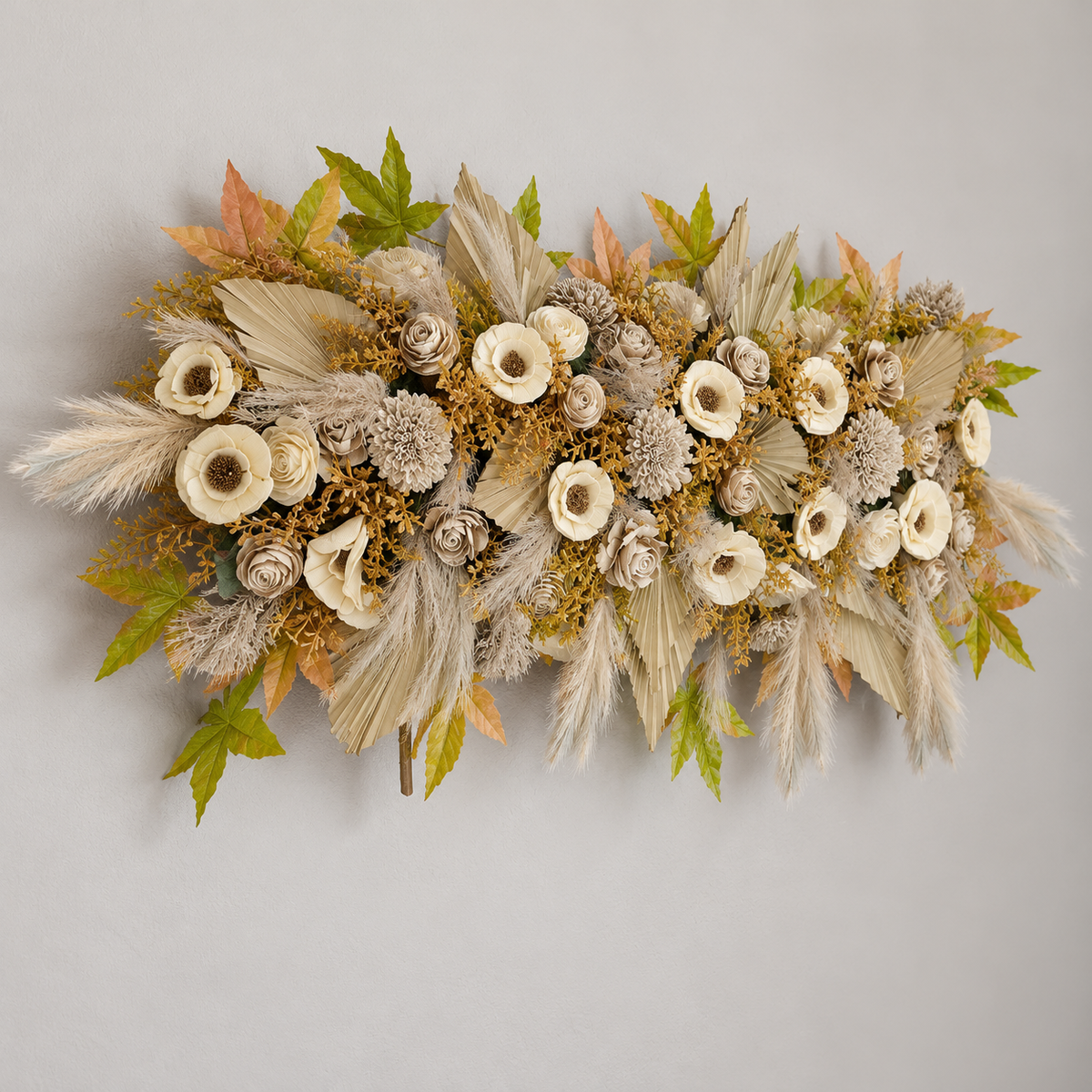 Artificial Ivory & Beige Floral Channel Panel with Decorative Palm Leaves for Wedding & Event Décor – 90 × 47 cm