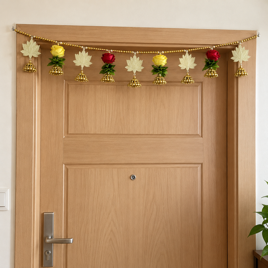 Artificial Red & Ivory Rose Door Toran with Lotus Ornaments & Golden Bells for Wedding & Festive Decoration – 110 cm | Pack of 1