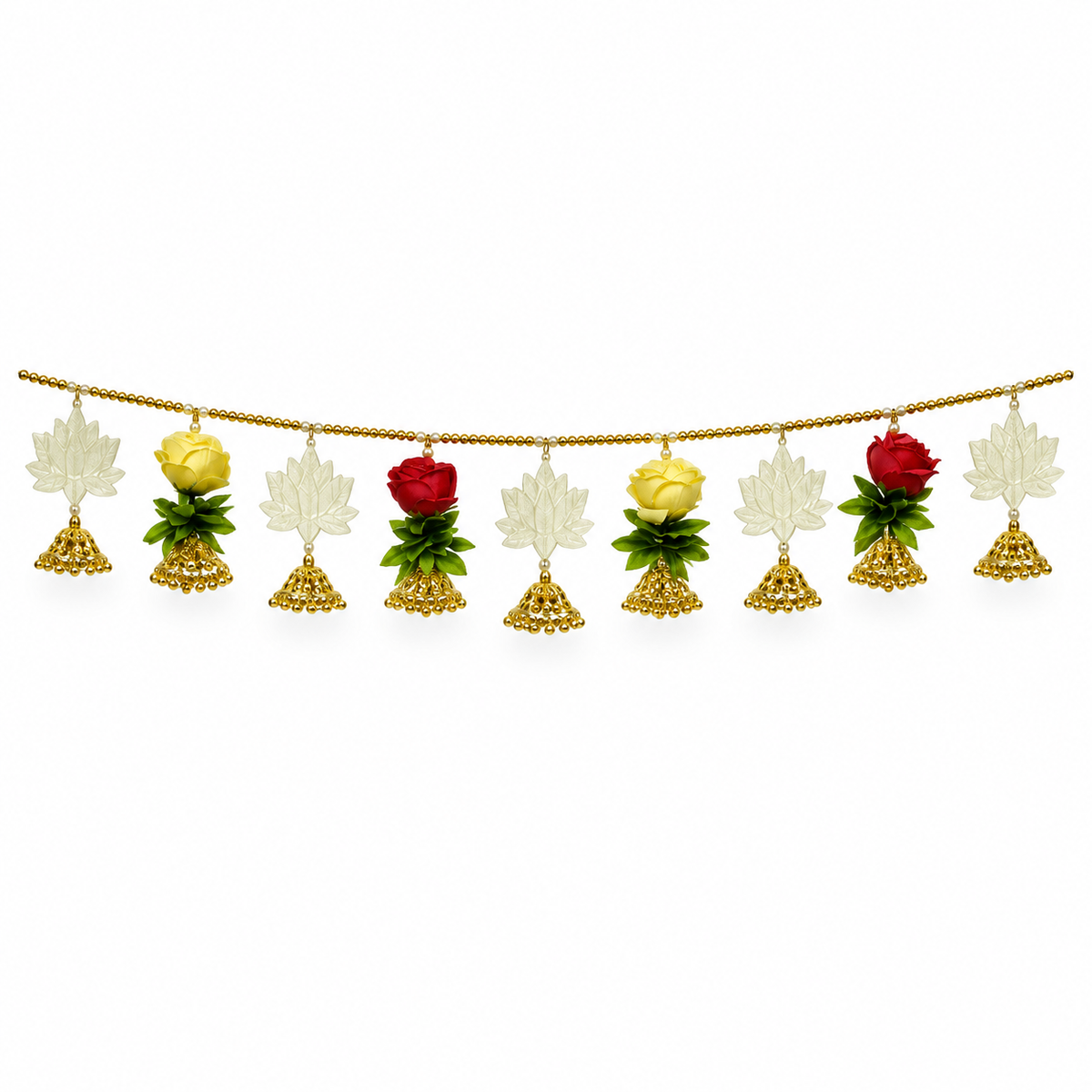 Artificial Red & Ivory Rose Door Toran with Lotus Ornaments & Golden Bells for Wedding & Festive Decoration – 110 cm | Pack of 1