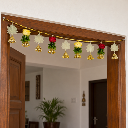 Artificial Red & Ivory Rose Door Toran with Lotus Ornaments & Golden Bells for Wedding & Festive Decoration – 110 cm | Pack of 1