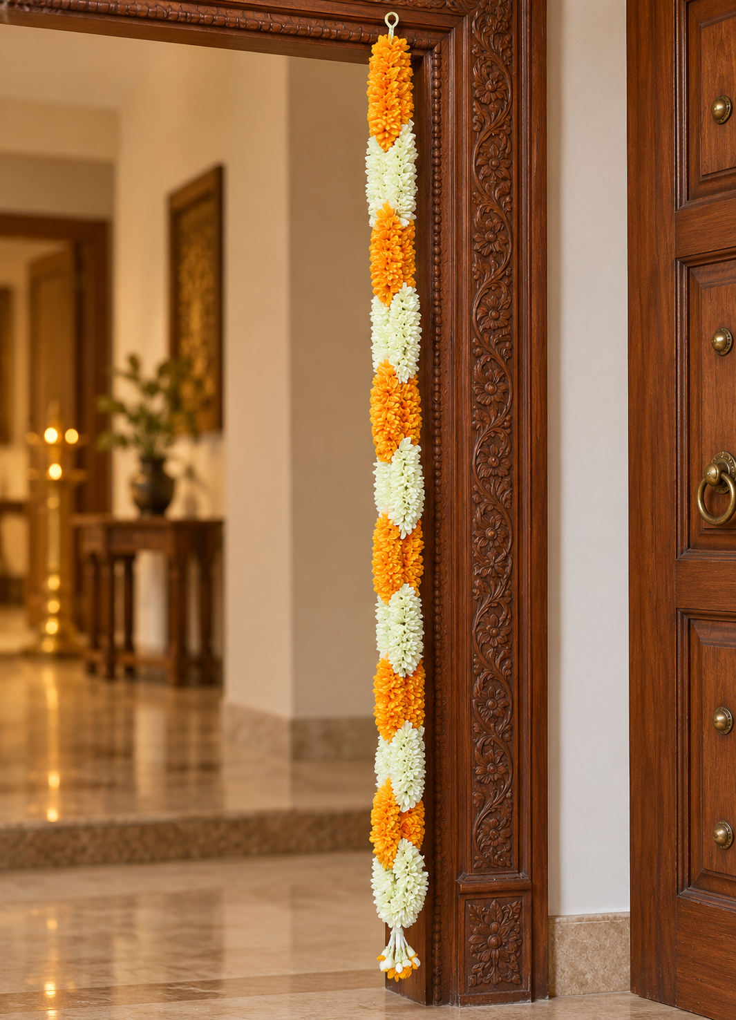 Artificial Flower Garland Sakad Ladi orange & White | Pack of 1