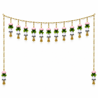 Artificial Pink Lotus Door Toran with Decorative Bells & Golden Beads for Wedding & Festive Decoration – 103 cm | Pack of 1