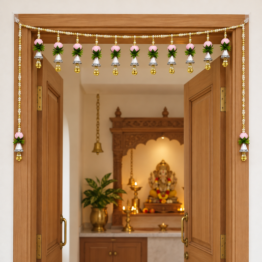 Artificial Pink Lotus Door Toran with Decorative Bells & Golden Beads for Wedding & Festive Decoration – 103 cm | Pack of 1