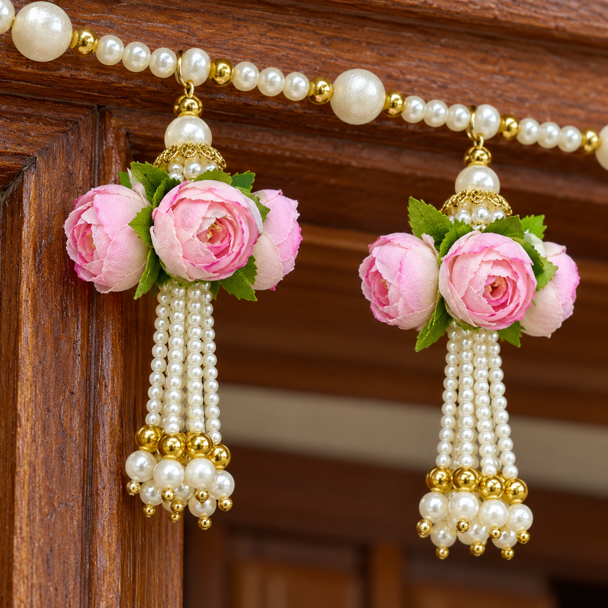 Artificial Light Pink Rose Door Toran with Pearl Bead Tassels for Wedding & Festive Decoration – 94 cm | Pack of 1