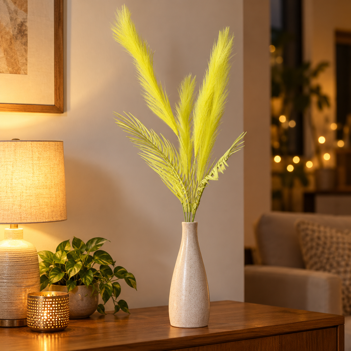 Artificial Yellow Pampas Grass Bunch – 70 cm Decorative Plume Spray for Vases, Home & Event Décor