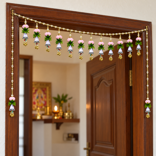 Artificial Pink Lotus Door Toran with Decorative Bells & Golden Beads for Wedding & Festive Decoration – 103 cm | Pack of 1