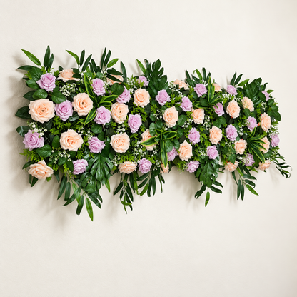 Artificial Peach & Lavender Rose Floral Channel Panel with Green Foliage for Wedding & Event Décor – 120 × 40 cm