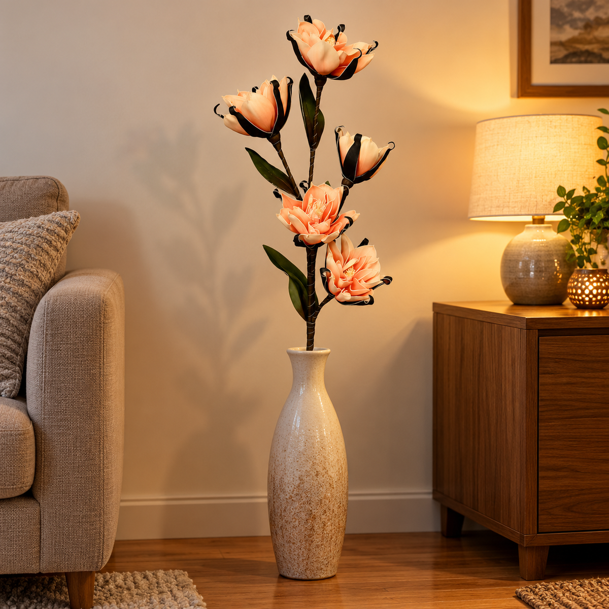 Artificial Peach & Cream Flower Stick with Black Petal Edges – 120 cm Decorative Floral Spray for Home & Wedding Décor
