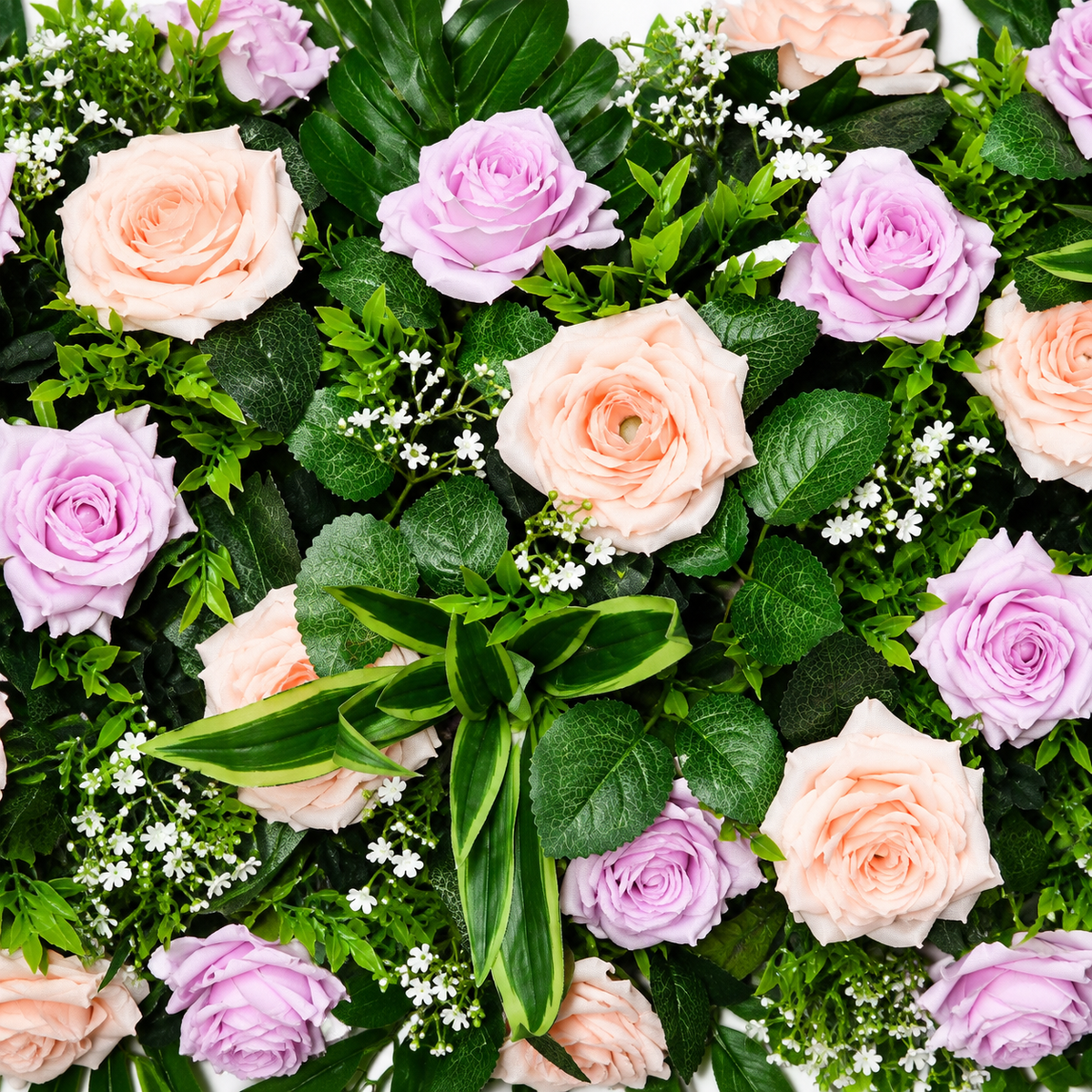 Artificial Peach & Lavender Rose Floral Channel Panel with Green Foliage for Wedding & Event Décor – 120 × 40 cm