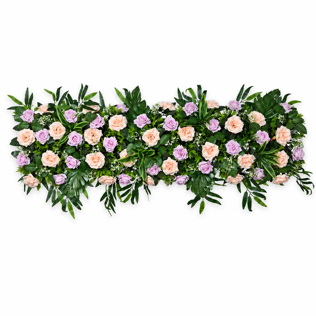 Artificial Peach & Lavender Rose Floral Channel Panel with Green Foliage for Wedding & Event Décor – 120 × 40 cm