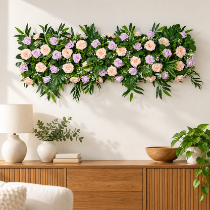 Artificial Peach & Lavender Rose Floral Channel Panel with Green Foliage for Wedding & Event Décor – 120 × 40 cm