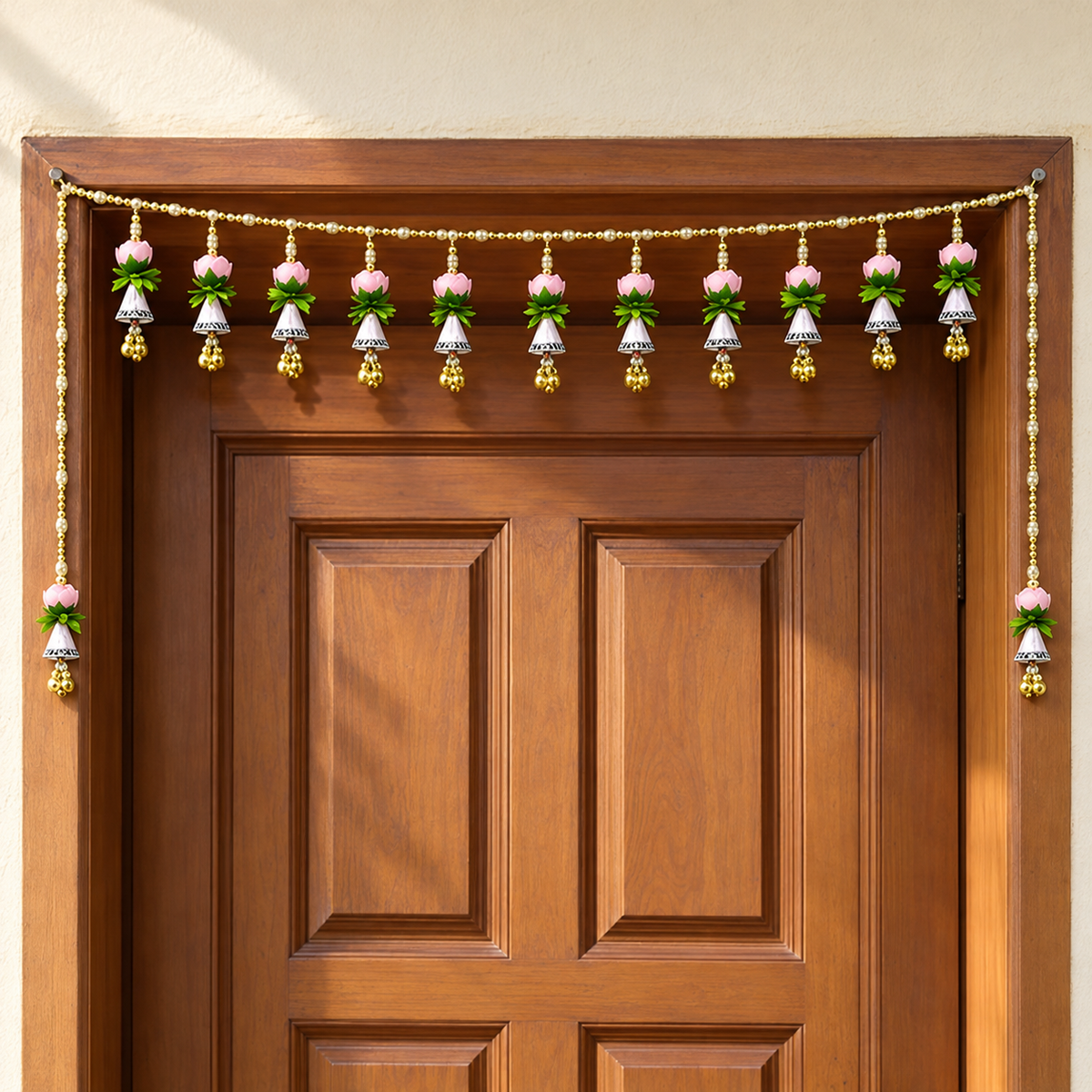Artificial Pink Lotus Door Toran with Decorative Bells & Golden Beads for Wedding & Festive Decoration – 103 cm | Pack of 1