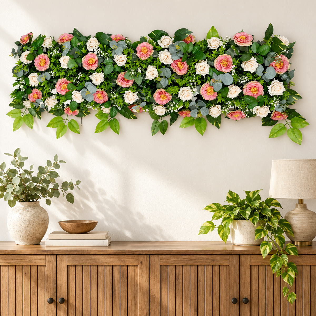 Artificial Pink & Ivory Floral Channel Panel with Green Foliage for Wedding & Event Décor – 120 × 40 cm