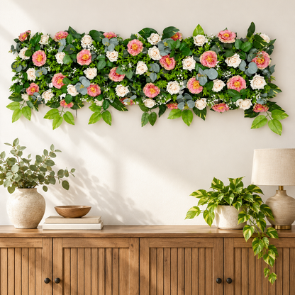 Artificial Pink & Ivory Floral Channel Panel with Green Foliage for Wedding & Event Décor – 120 × 40 cm