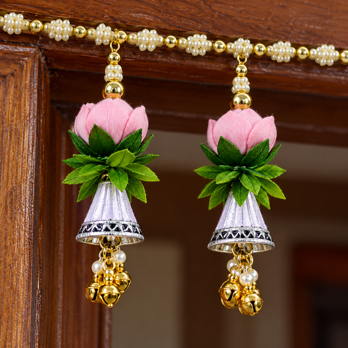 Artificial Pink Lotus Door Toran with Decorative Bells & Golden Beads for Wedding & Festive Decoration – 103 cm | Pack of 1