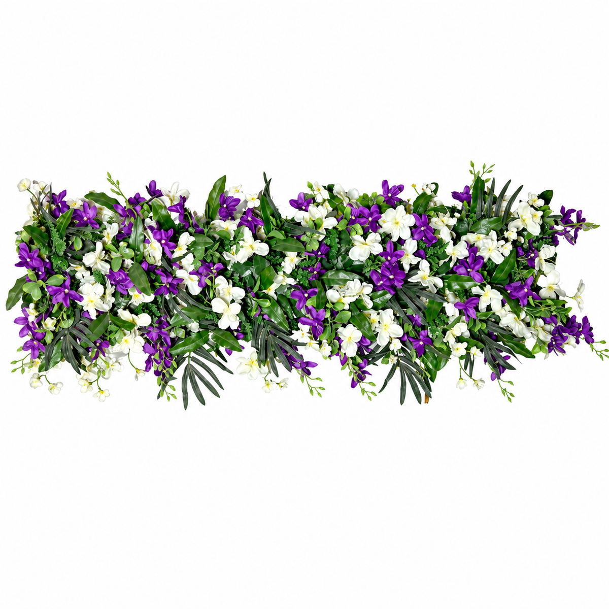 Artificial Purple & White Floral Channel Panel with Green Foliage for Wedding & Event Décor – 120 × 36 cm