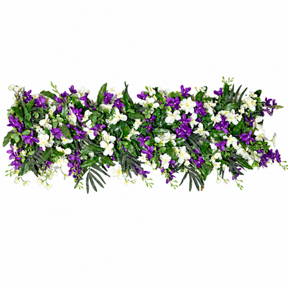 Artificial Purple & White Floral Channel Panel with Green Foliage for Wedding & Event Décor – 120 × 36 cm
