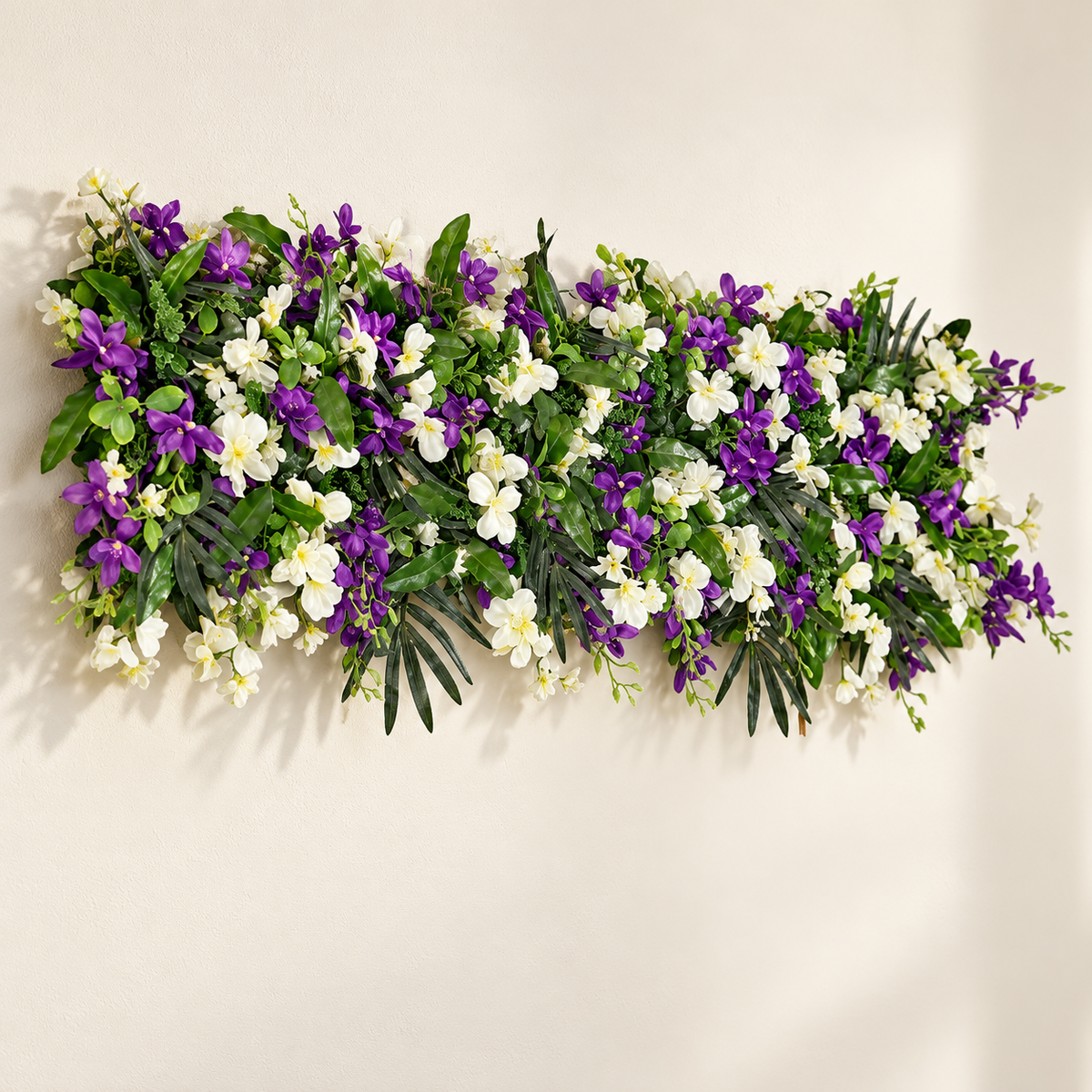 Artificial Purple & White Floral Channel Panel with Green Foliage for Wedding & Event Décor – 120 × 36 cm