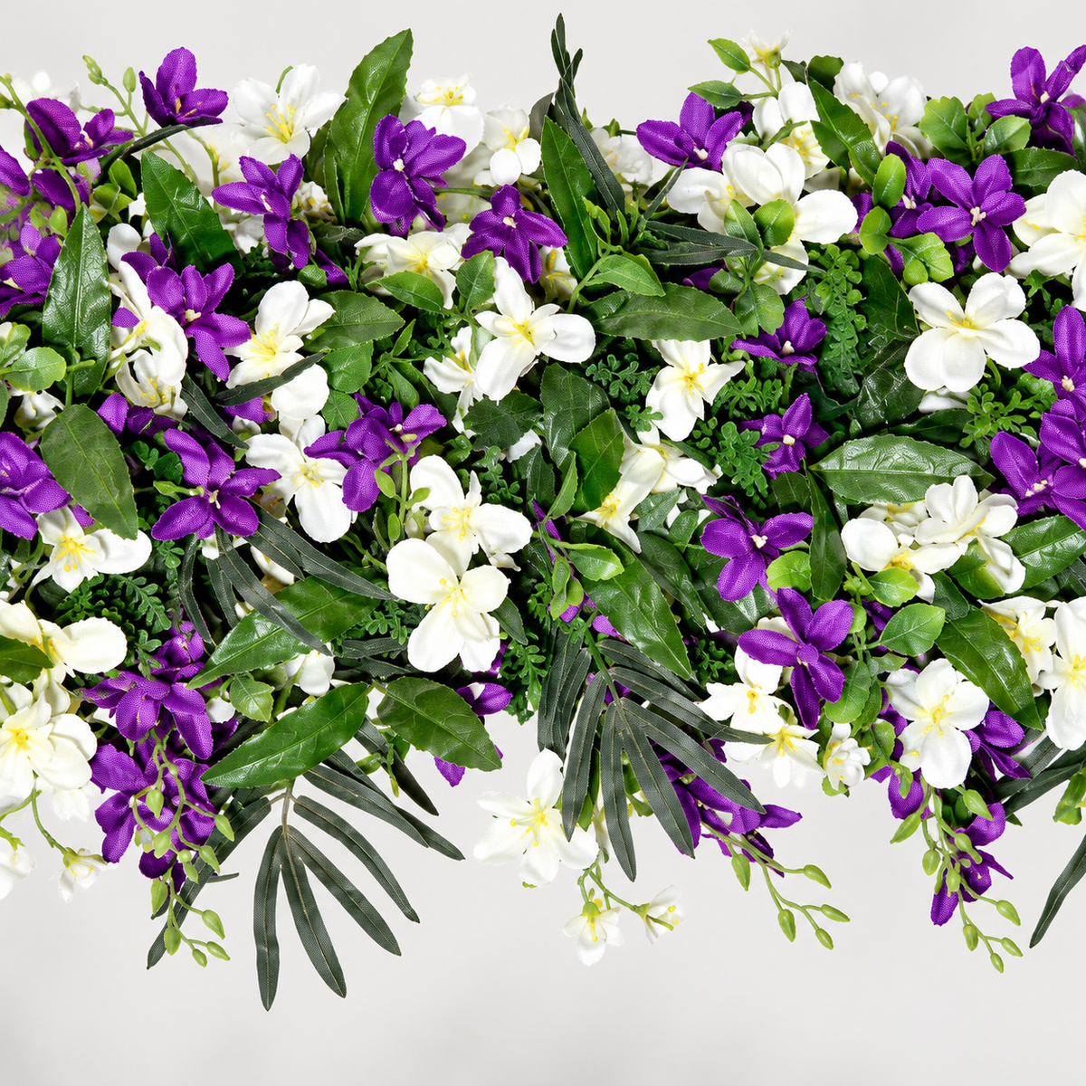 Artificial Purple & White Floral Channel Panel with Green Foliage for Wedding & Event Décor – 120 × 36 cm
