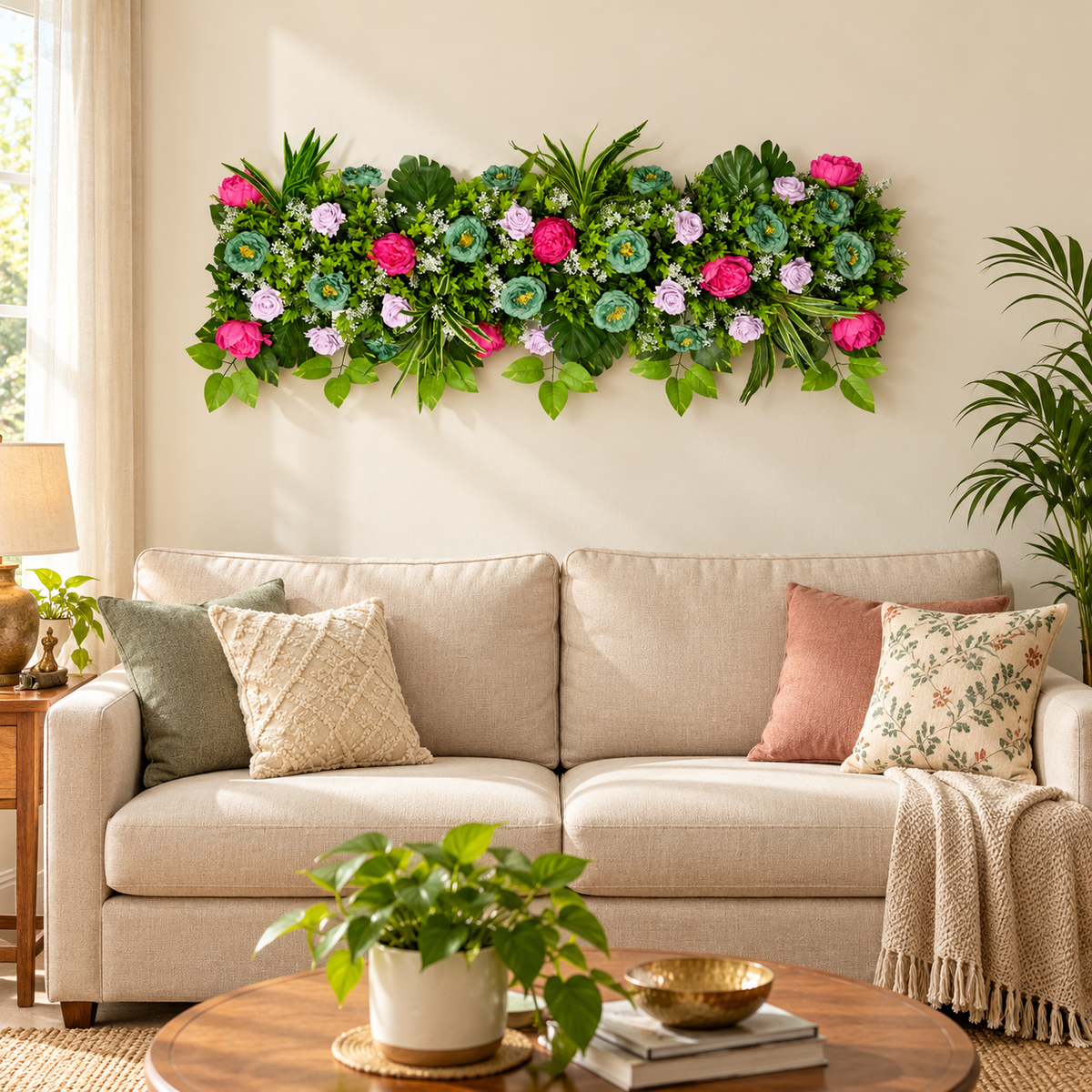 Artificial Pink, Teal & Lavender Floral Channel Panel with Green Foliage for Wedding & Event Décor – 120 × 34 cm