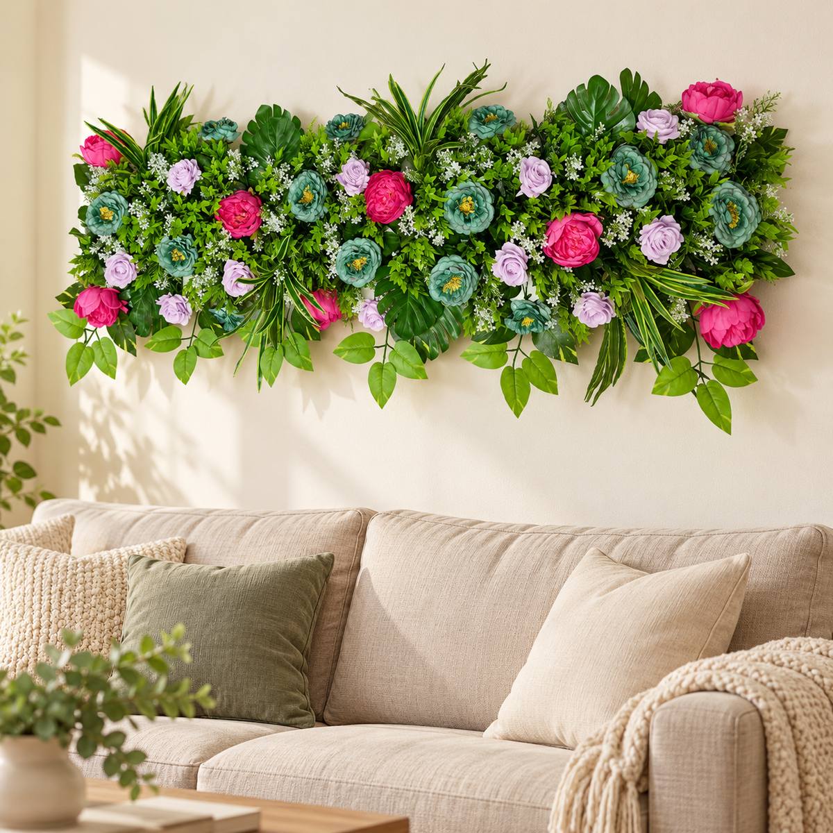 Artificial Pink, Teal & Lavender Floral Channel Panel with Green Foliage for Wedding & Event Décor – 120 × 34 cm