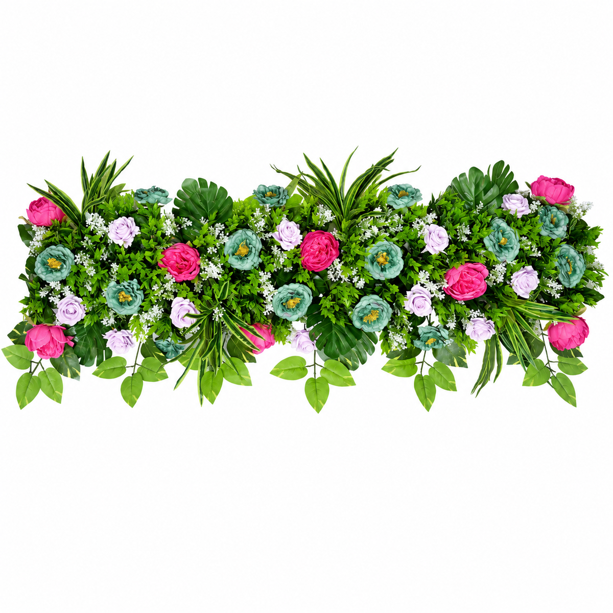 Artificial Pink, Teal & Lavender Floral Channel Panel with Green Foliage for Wedding & Event Décor – 120 × 34 cm