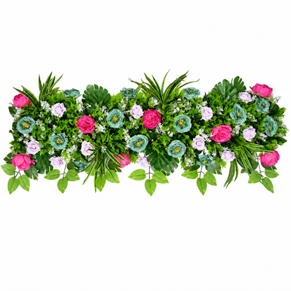 Artificial Pink, Teal & Lavender Floral Channel Panel with Green Foliage for Wedding & Event Décor – 120 × 34 cm