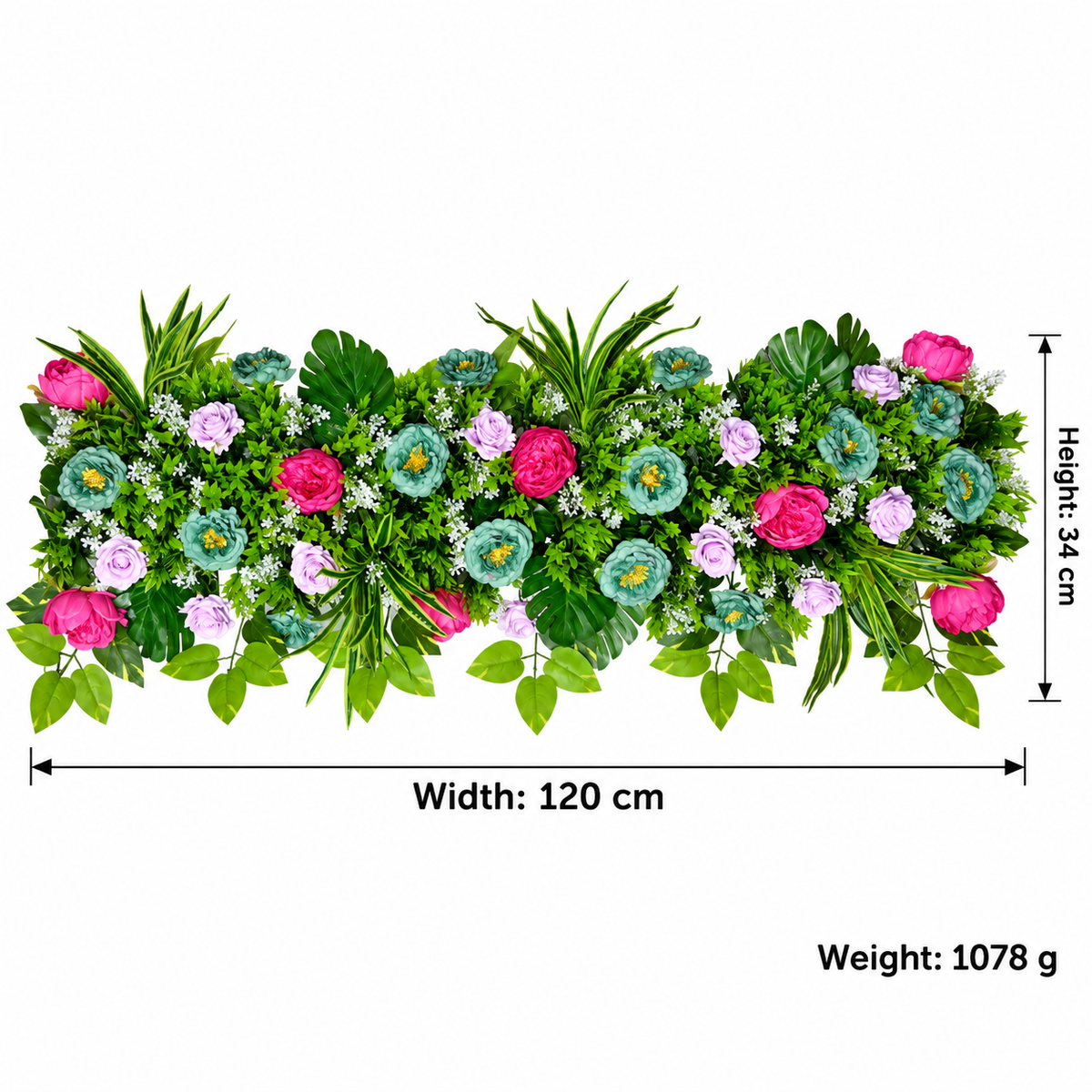 Artificial Pink, Teal & Lavender Floral Channel Panel with Green Foliage for Wedding & Event Décor – 120 × 34 cm