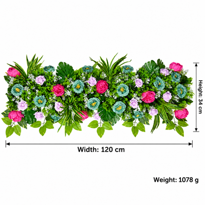 Artificial Pink, Teal & Lavender Floral Channel Panel with Green Foliage for Wedding & Event Décor – 120 × 34 cm
