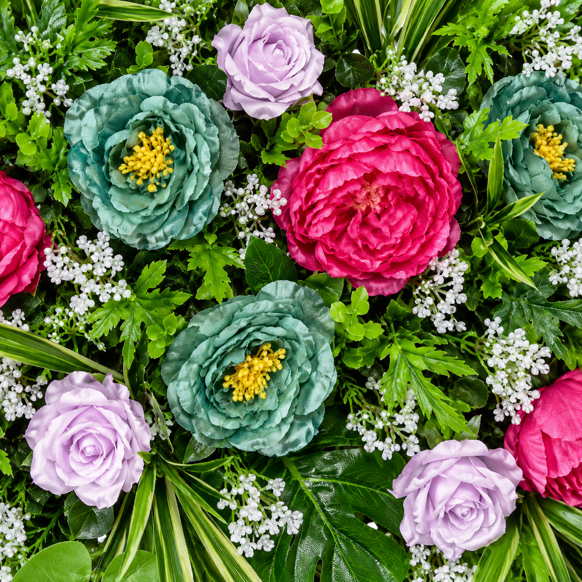 Artificial Pink, Teal & Lavender Floral Channel Panel with Green Foliage for Wedding & Event Décor – 120 × 34 cm
