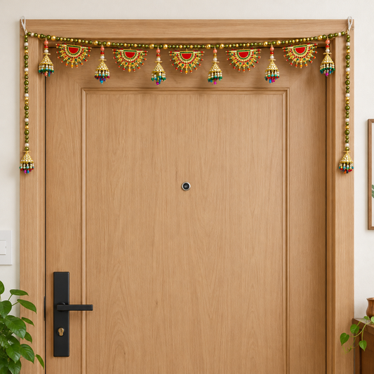 Traditional Multicolour Beaded Door Toran with Golden Bells for Wedding & Festive Decoration – 102 cm | Pack of 1