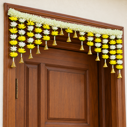 Artificial Yellow & Ivory Floral Door Toran with Golden Bells for Wedding & Festive Decoration – 104 cm | Pack of 1