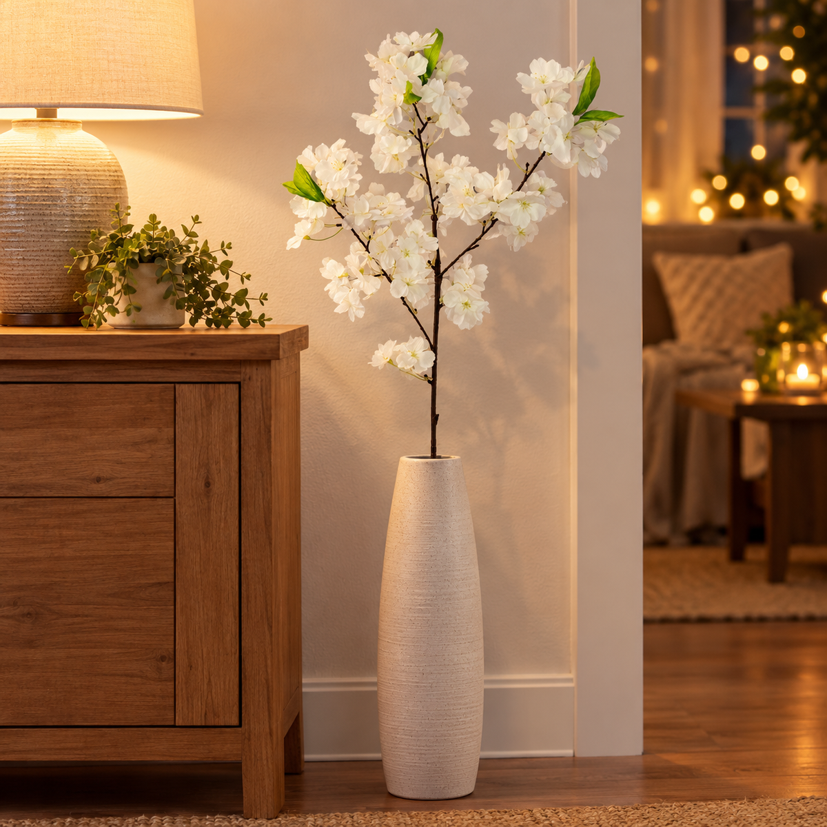 Artificial White Cherry Blossom Stick – 93 cm Decorative Flower Branch for Home, Office & Wedding Décor