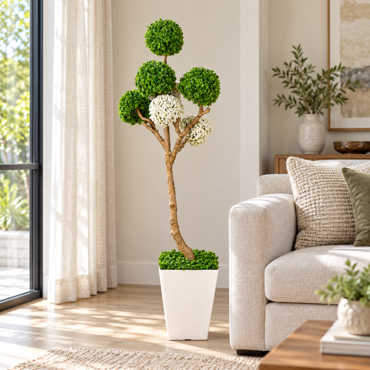 Green and white six-ball artificial topiary - home