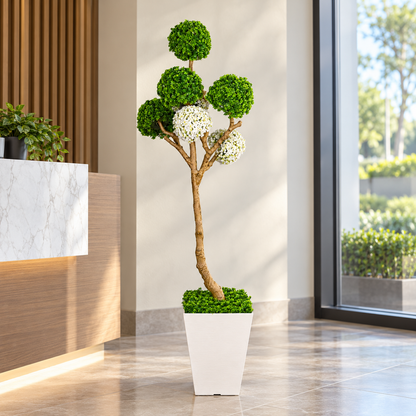 Green and white six-ball artificial topiary - office
