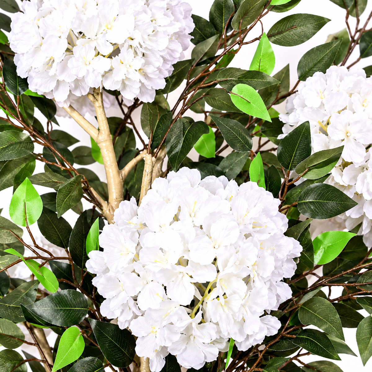 Artificial white hydrangea-style flowering tree - detail