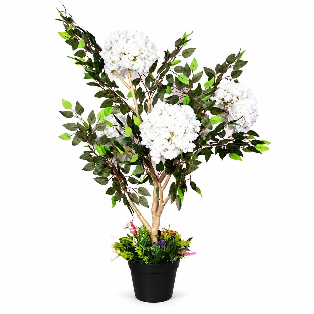 Artificial white hydrangea-style flowering tree - side