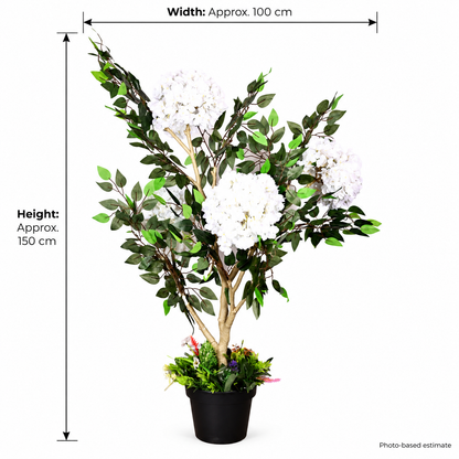 Artificial white hydrangea-style flowering tree - size