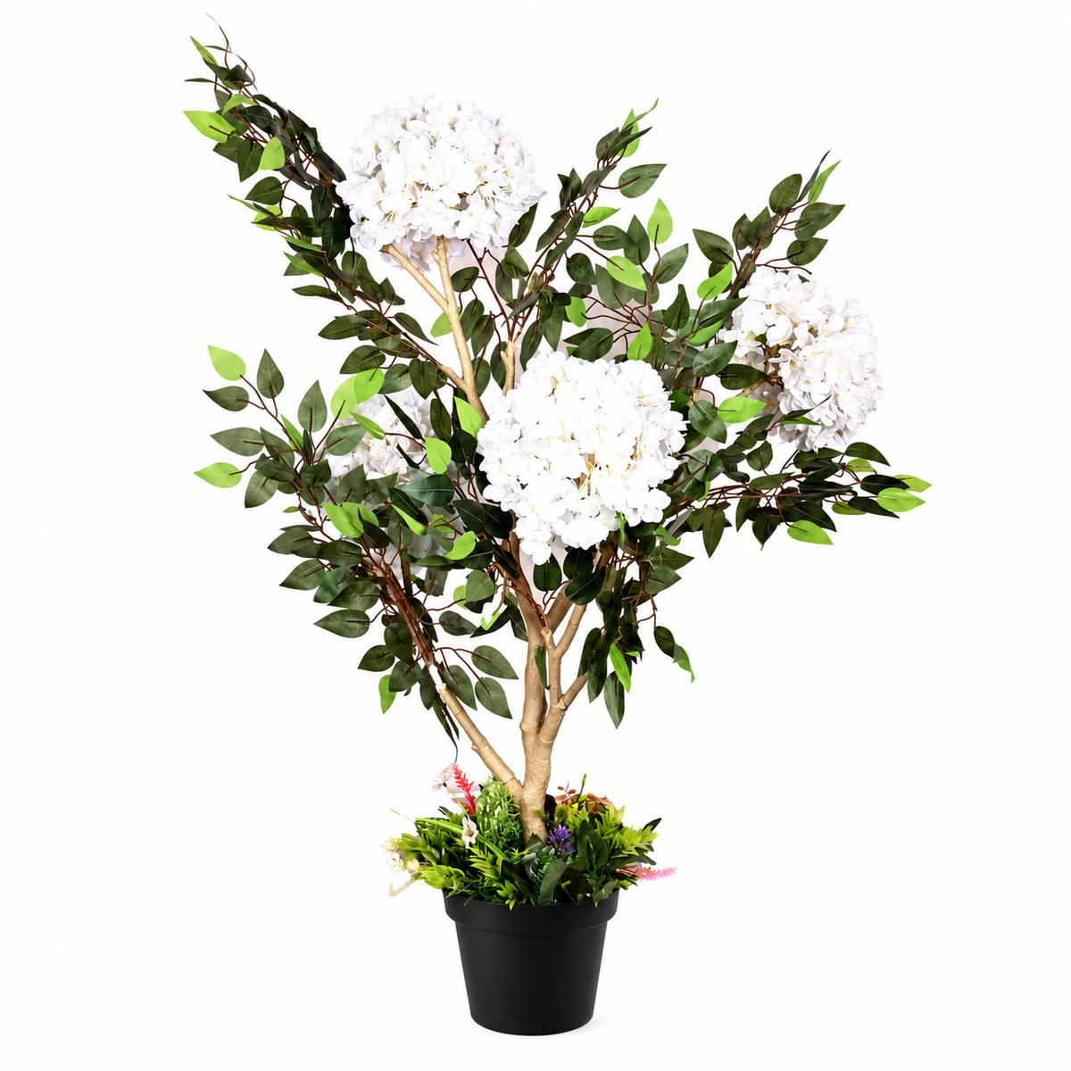 Artificial white hydrangea-style flowering tree - white