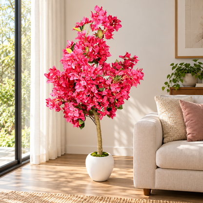 Artificial pink bougainvillea-style tree in white pot - home