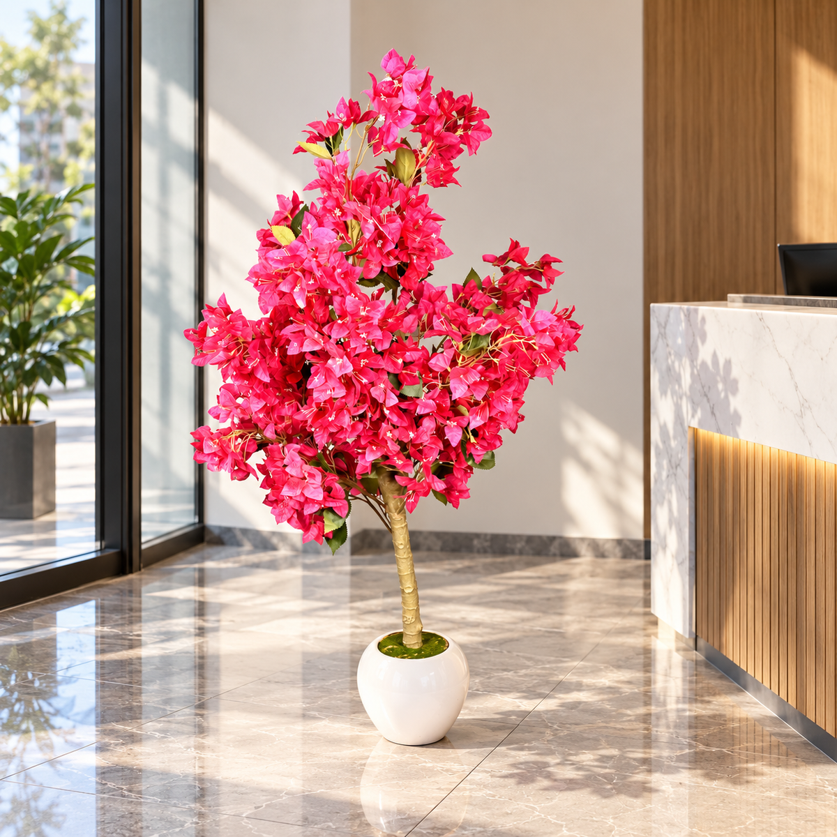 Artificial pink bougainvillea-style tree in white pot - office