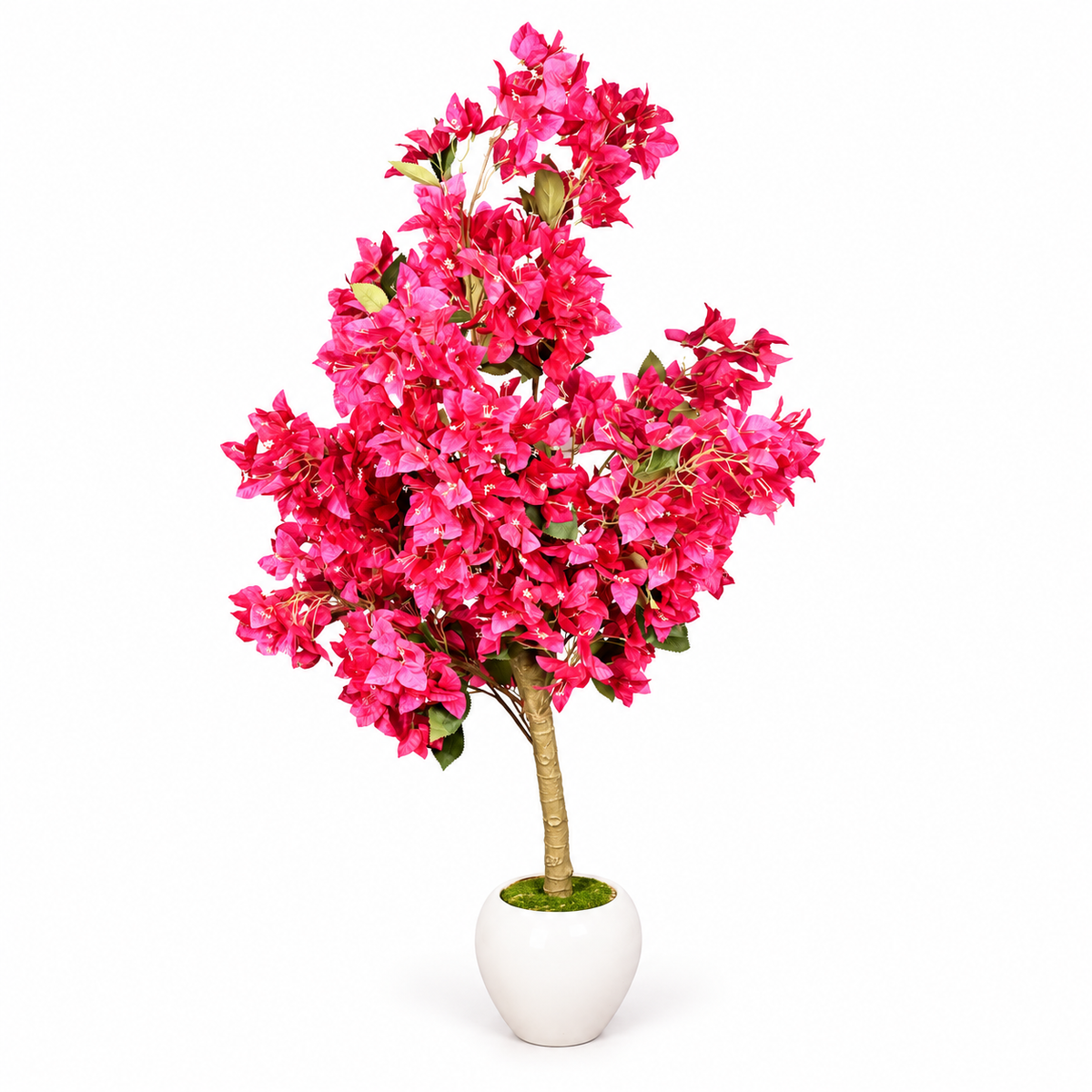 Artificial pink bougainvillea-style tree in white pot - side