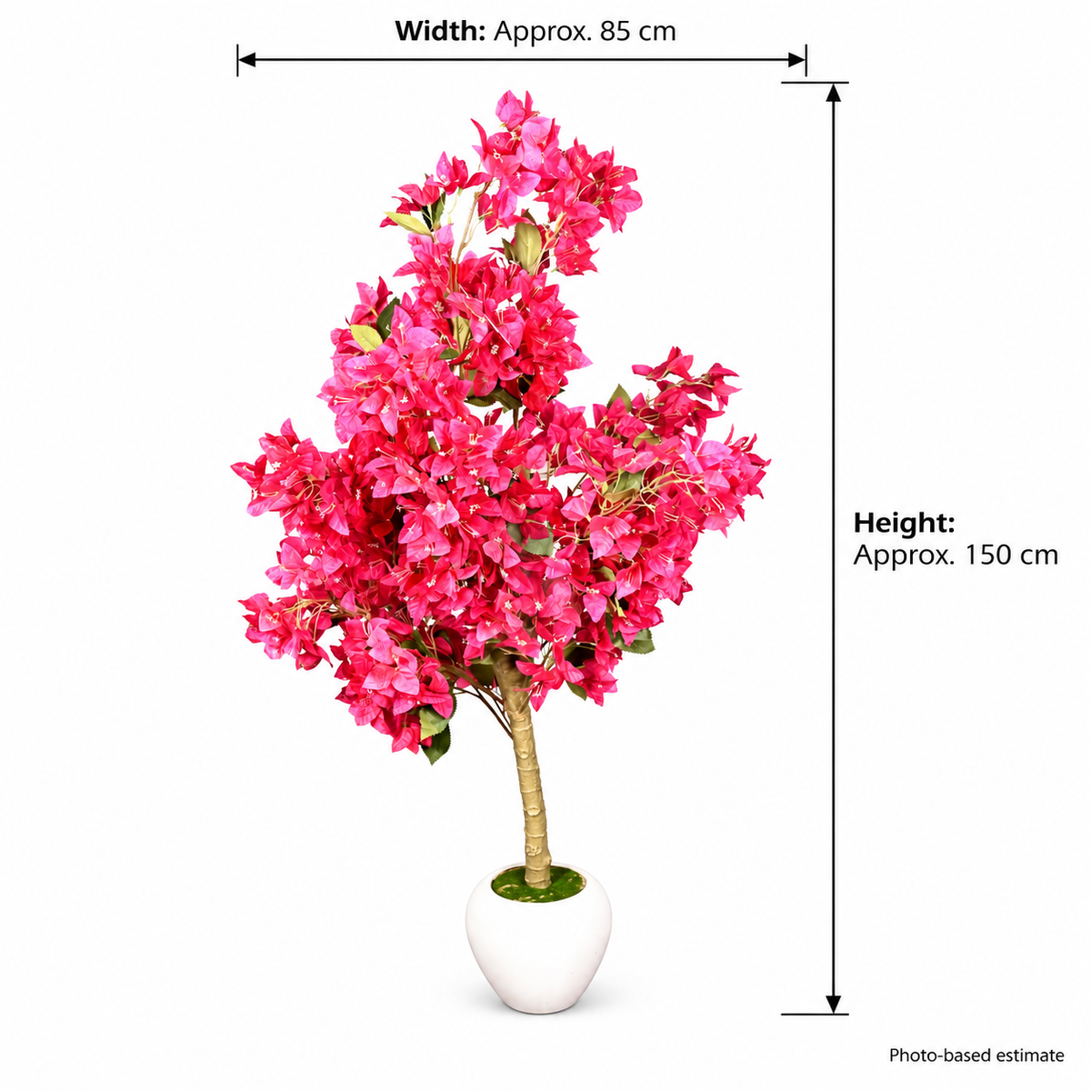 Artificial pink bougainvillea-style tree in white pot - size