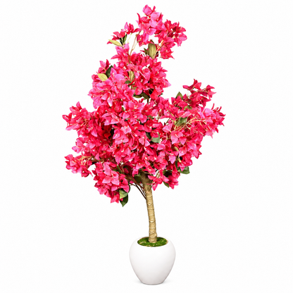 Artificial pink bougainvillea-style tree in white pot - white